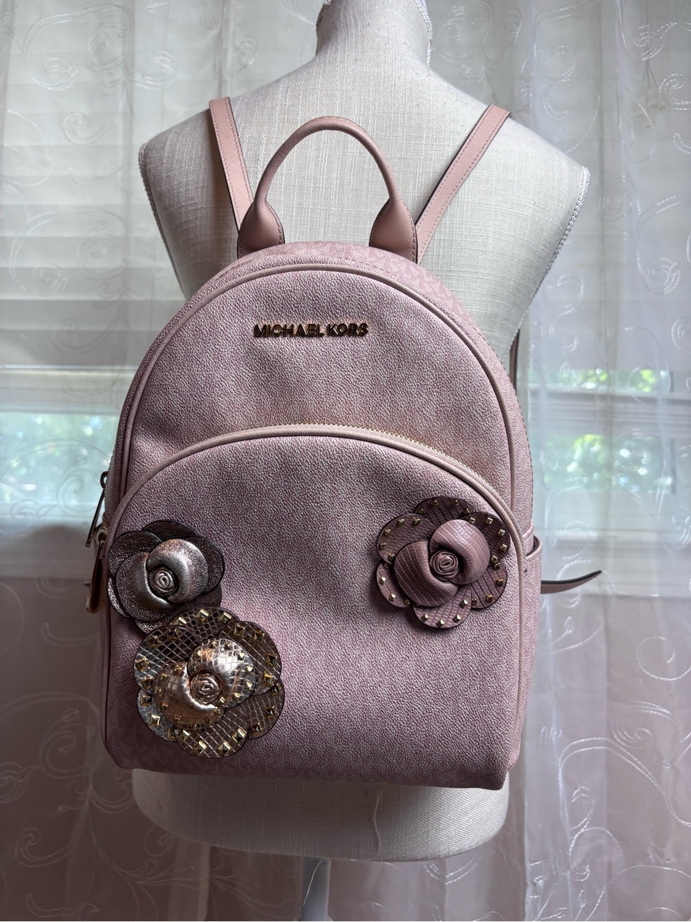 Michael Kors Abby Backpack Blush Pink Logo Print 3D Floral Appliqué